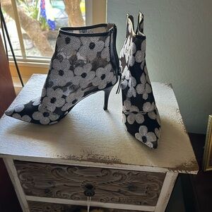 Mojo Moxy Black and White Floral Heeled Boots